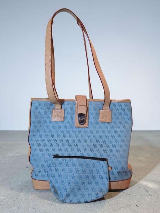 Dooney & Bourke Handbags - Dooney & Bourke Blue Canvas Tote with Tan Leather Trim and Pouch